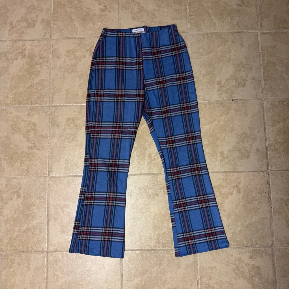 Urban Outfitters Stretch Tartan Pants M | Blue Plaid Knit Kick Flare